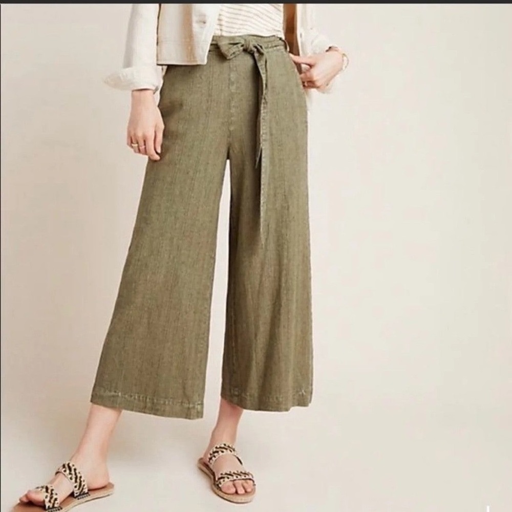 Anthropologie Green Wide Leg Linen capris pants Size XS